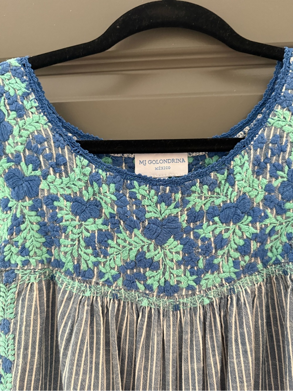 Mi Golondrina Blue and White Chambray  Pinstripe Embroidered Striped Dress - Picture 3 of 5